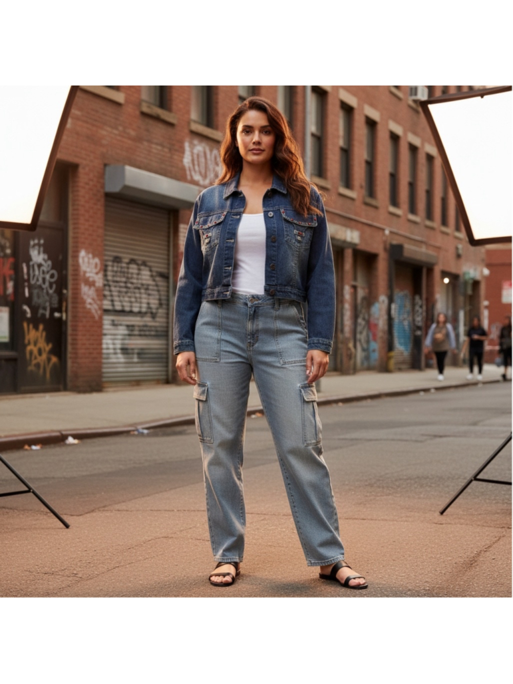 Women's NoFuze Blue Denim Cropped Jean Jacket with Red Studs 1X